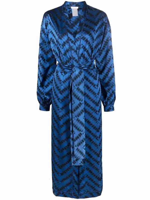 New Oseree Blue Chevron Coverup Robe Tie Front Belted M L Medium Large